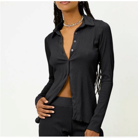 Frankies BIkinis XL Nova Plisse Long Sleeve Shirt Top in Black Ribbed Stretch - Picture 1 of 8